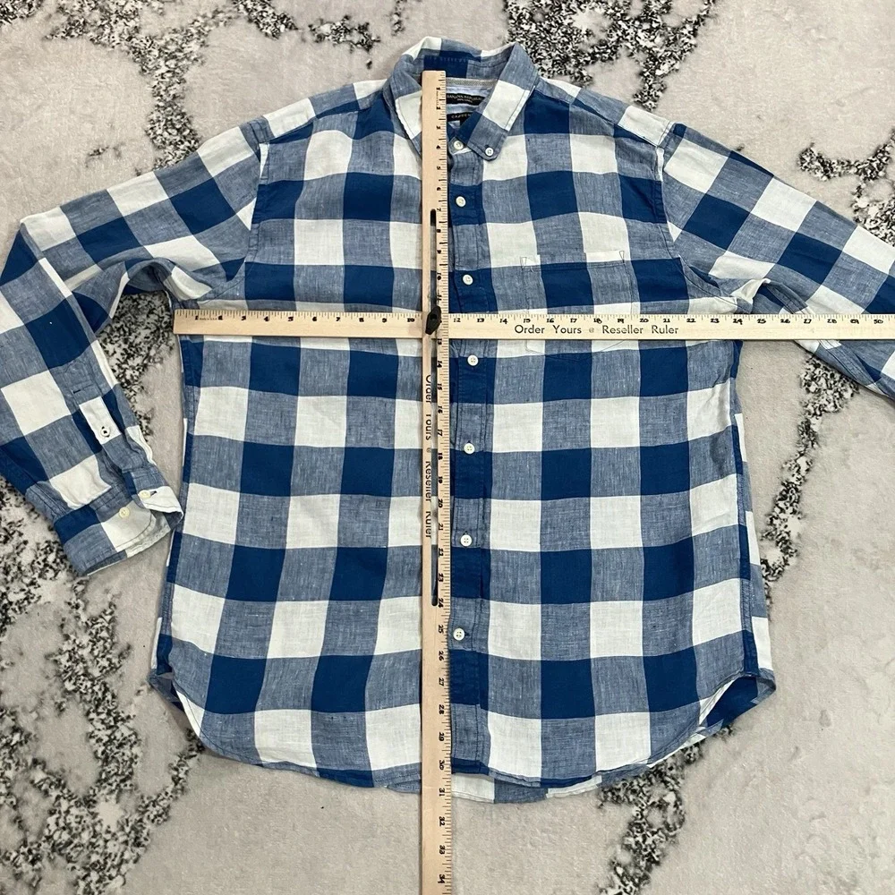 Banana Republic Camden Fit 100% Linen Blue Buffalo Plaid Shirt Men's Size XL